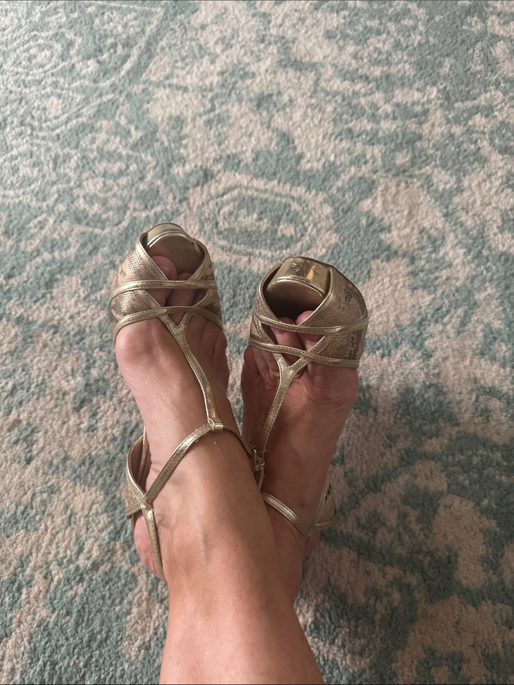 Charles David Metallic Gold T-Strap Peep-Toe Heels